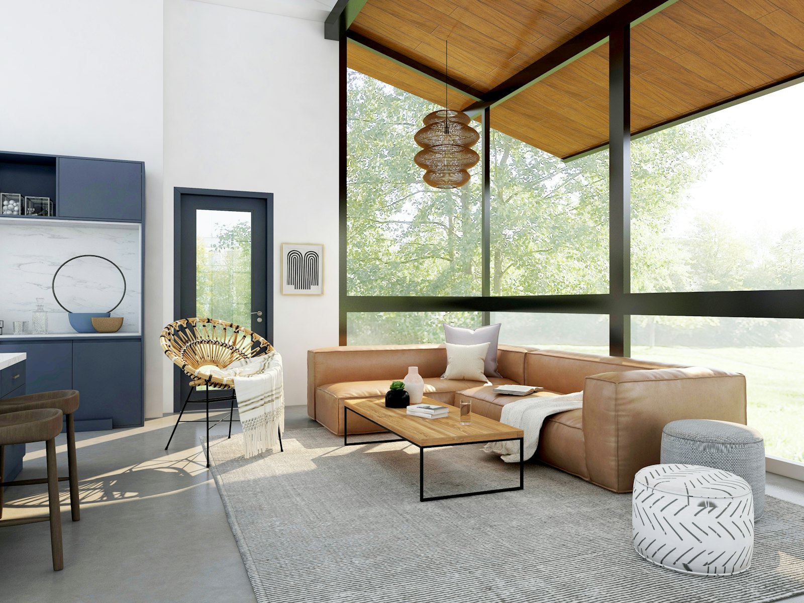 Bright living room with tall, clear windows looking out onto trees