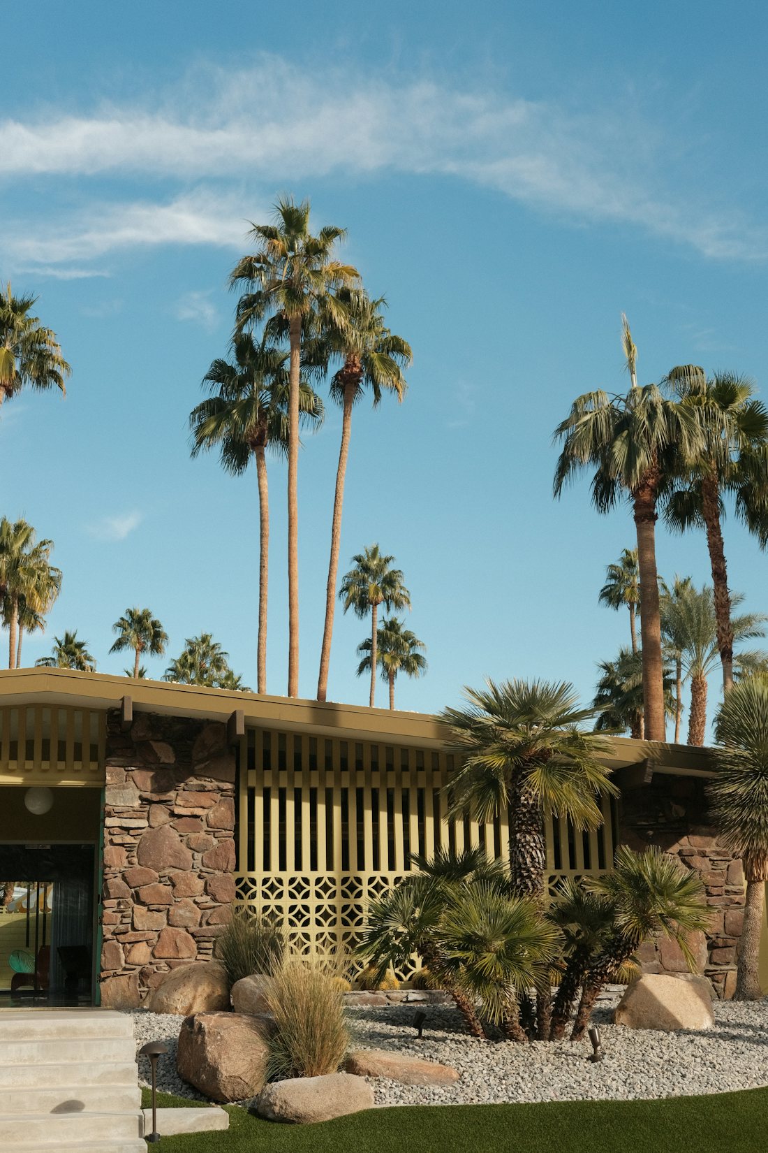 Tall palm trees over a mid-century South Florida style home